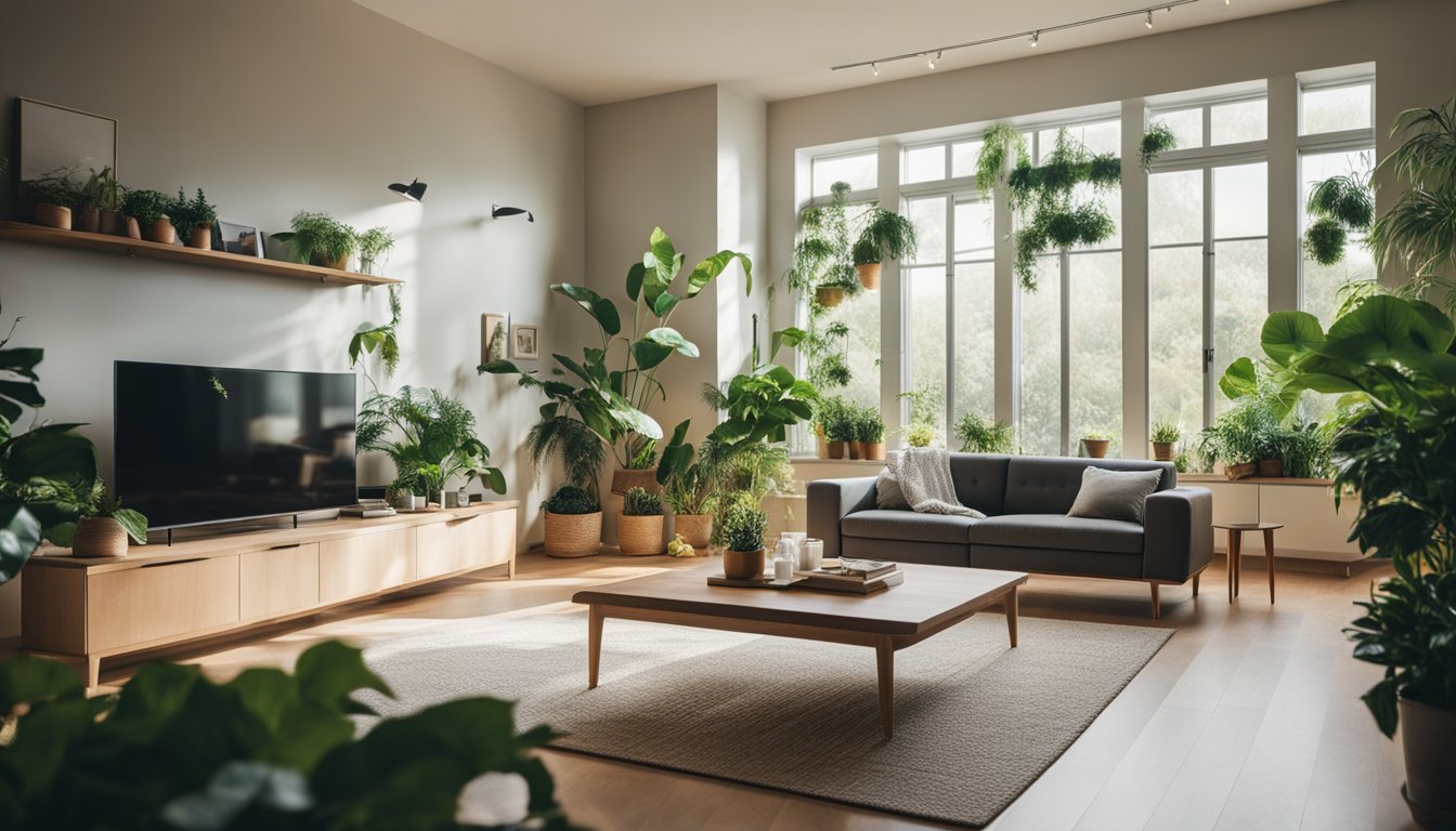 A cozy living room with energy-efficient appliances and smart home devices, surrounded by green plants and natural light streaming in through large windows