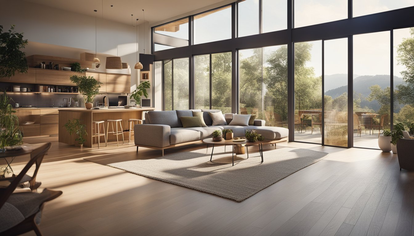 A modern, sustainable home with large windows, open floor plan, and natural materials. Sunlight floods the interior, creating a bright and inviting space