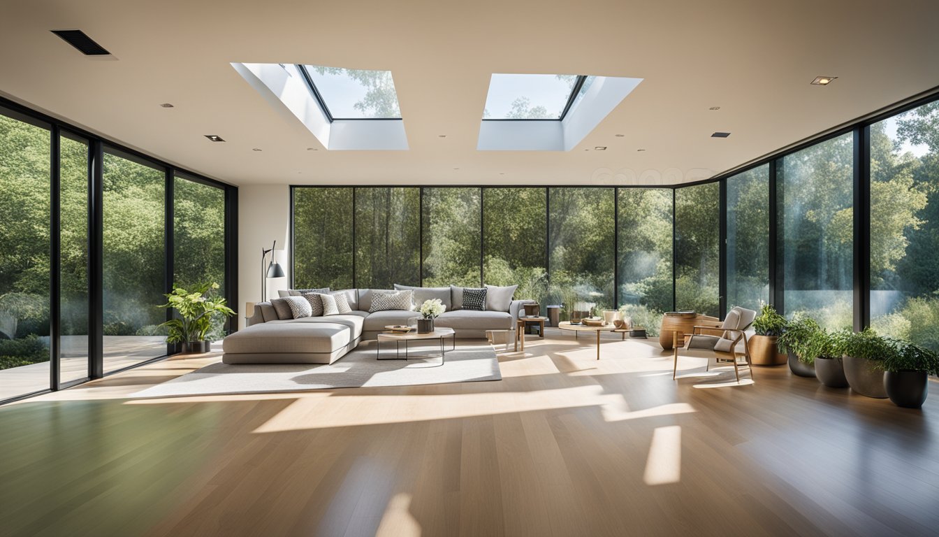 A sustainable home with large windows, skylights, and open floor plan to maximize natural light