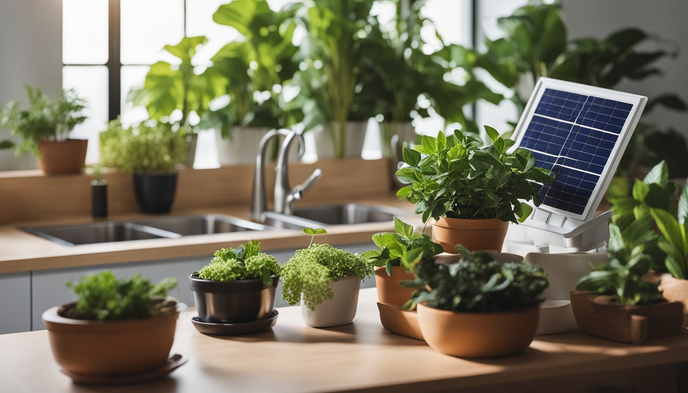 A cozy living room with energy-efficient lighting, indoor plants, and recycled decor. A solar panel on the roof and a compost bin in the kitchen