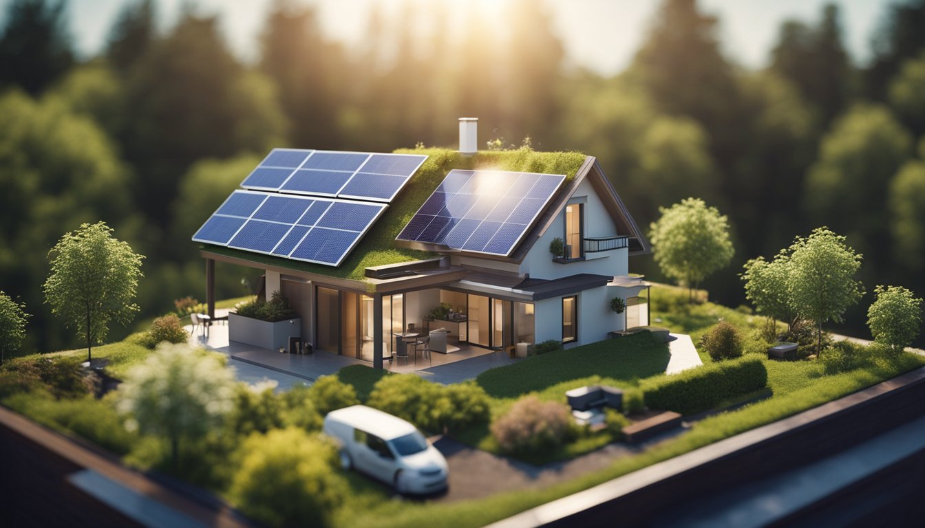 A modern, eco-friendly home with solar panels on the roof, a wind turbine in the yard, and a compost bin for sustainable waste management