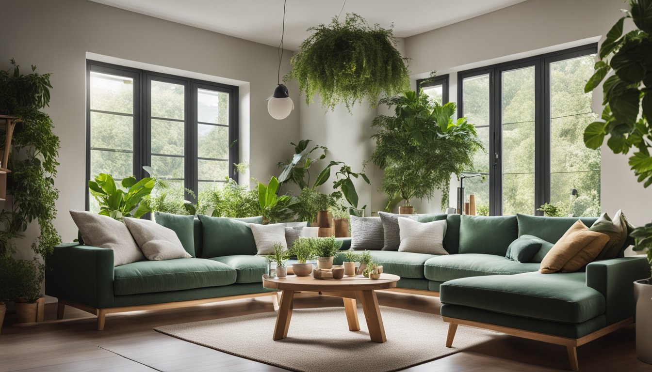 A cozy living room with eco-friendly decor and energy-efficient appliances. Plants, natural light, and recycled materials create a sustainable atmosphere