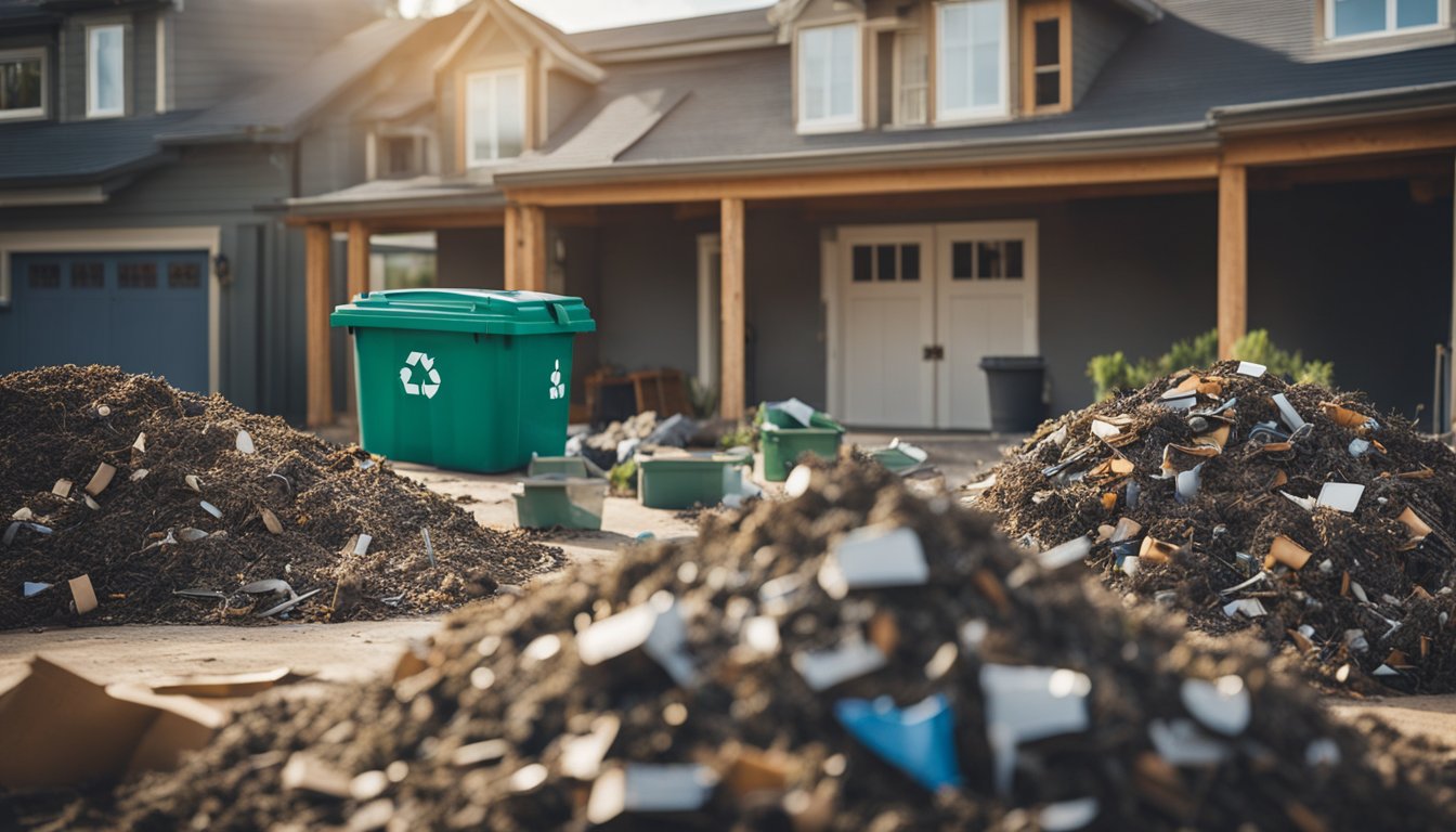 A home renovation scene with separate bins for recycling, compost, and general waste. Materials are being carefully sorted and reused where possible