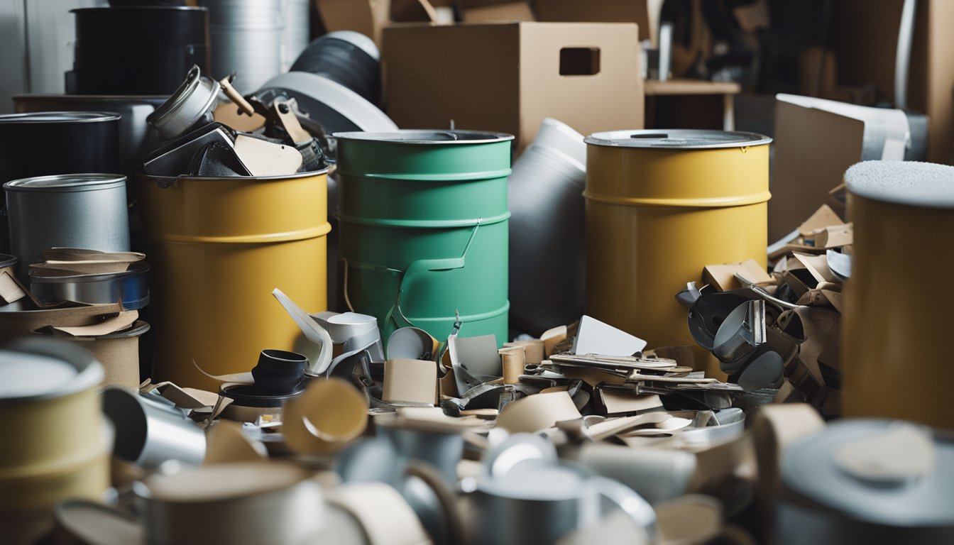 A cluttered room with various home renovation waste items (e.g. paint cans, old tiles, broken fixtures) being sorted and repurposed into creative DIY projects