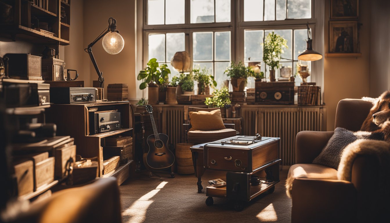 A cozy living room with vintage decor items like an old record player, antique lamps, and repurposed crates as shelves. Sunlight streams through the window, casting warm shadows on the eclectic mix of items