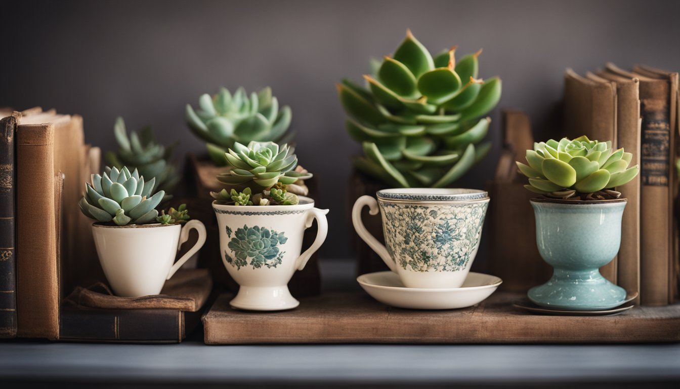 A cozy living room with vintage decor items repurposed as planters, bookends, and wall art. A shelf displays old teacups filled with succulents