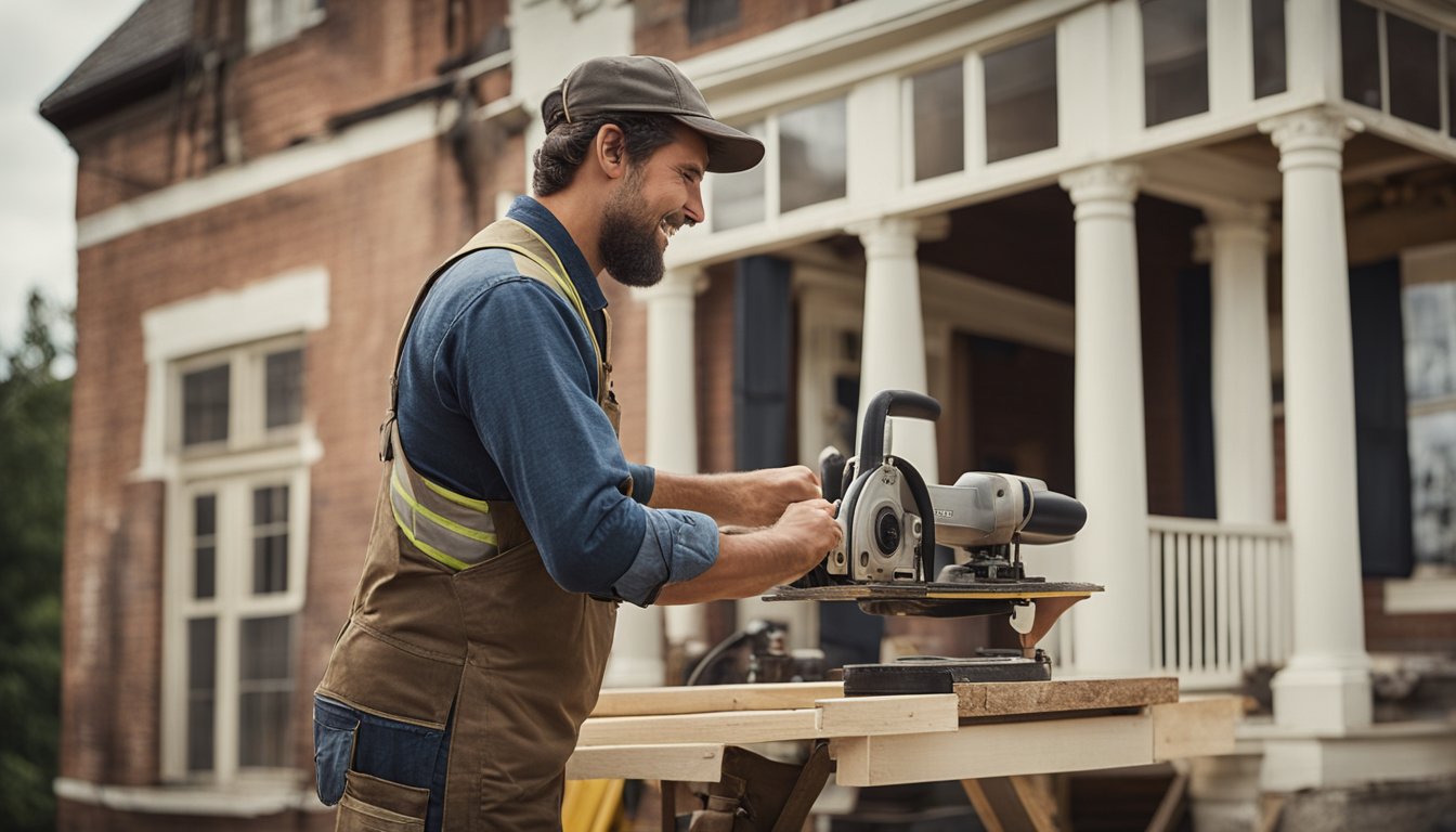 A historic home being carefully restored, with workers using specialized tools and techniques to preserve its original features and character