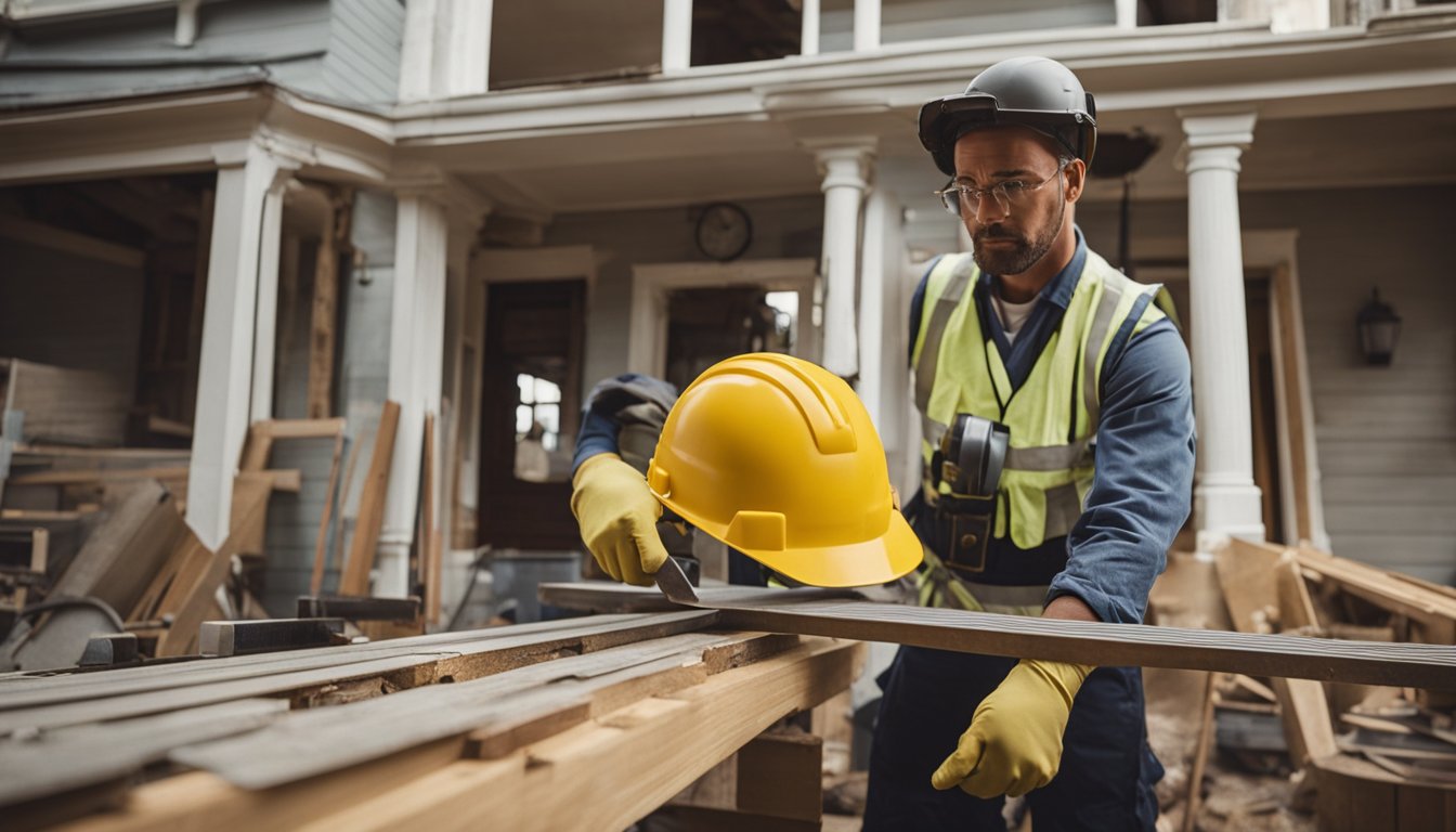 A historic home being carefully renovated, with workers wearing protective gear and using specialized tools to preserve its original features