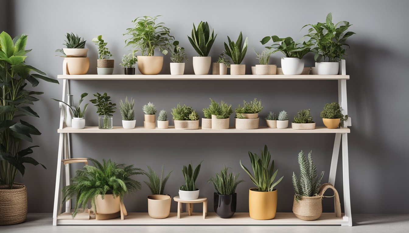 A compact, multi-level shelving unit with adjustable compartments, holding various storage containers and organizers. A ladder shelf leans against the wall, displaying decorative items and potted plants