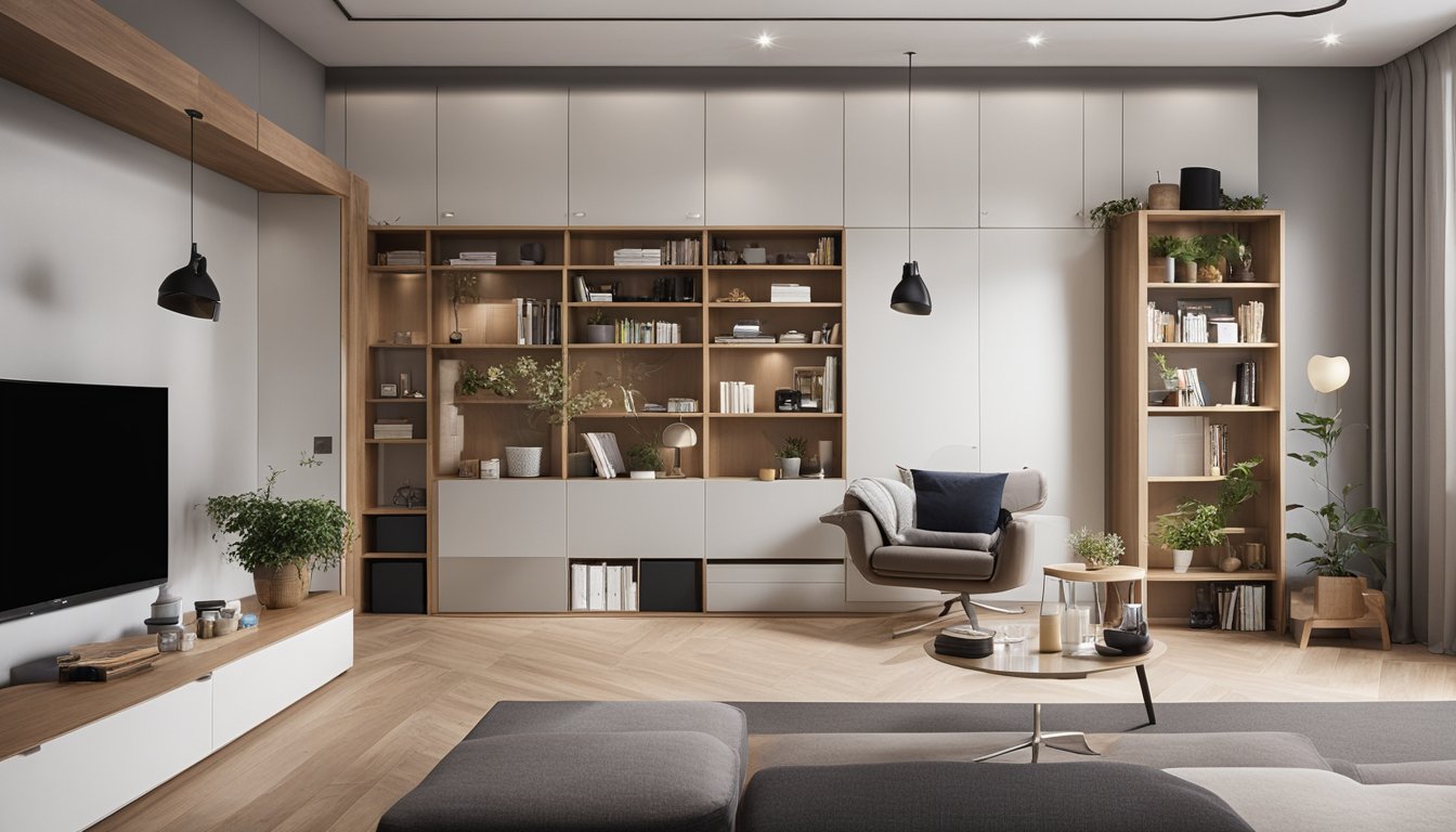 A small living room with clever storage solutions: wall-mounted shelves, under-stair drawers, and multi-functional furniture