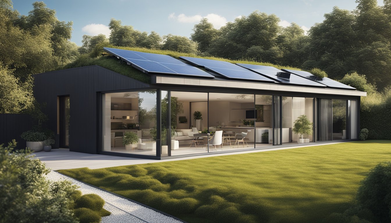 A modern, eco-friendly home extension with solar panels, green roof, and energy-efficient windows