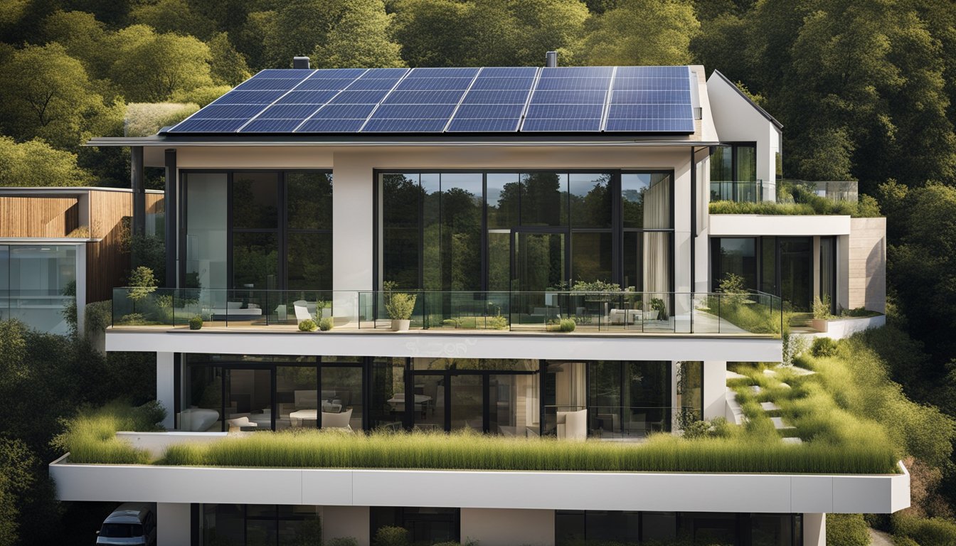 A modern home with eco-friendly extensions featuring solar panels, green roofs, and energy-efficient windows