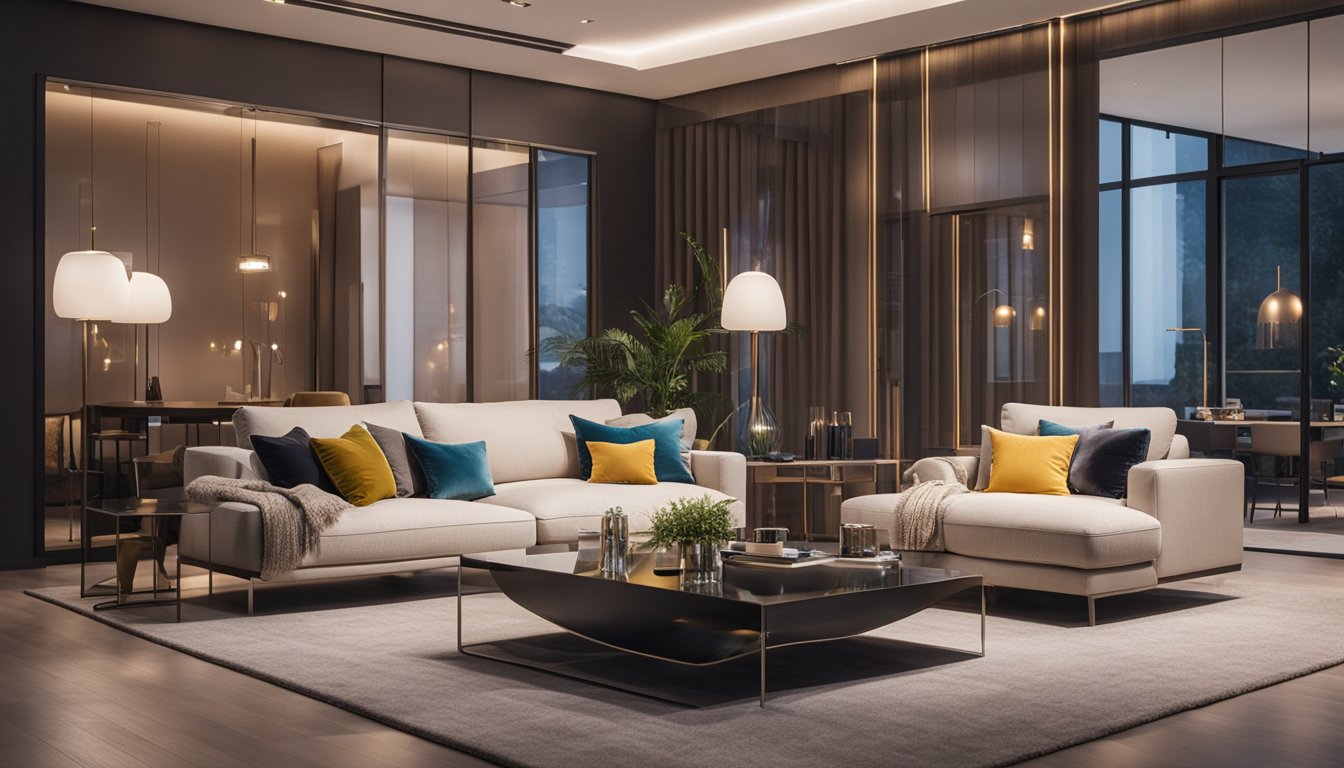 A modern living room with sleek furniture, pops of color, and strategic lighting to enhance the space