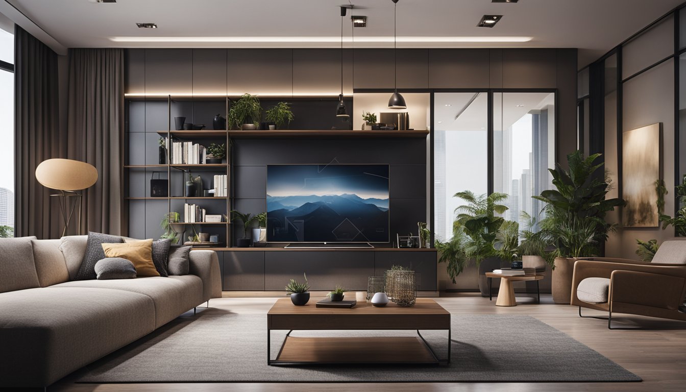 A modern living room with unique furniture and decor, showcasing innovative design elements like smart technology and creative storage solutions