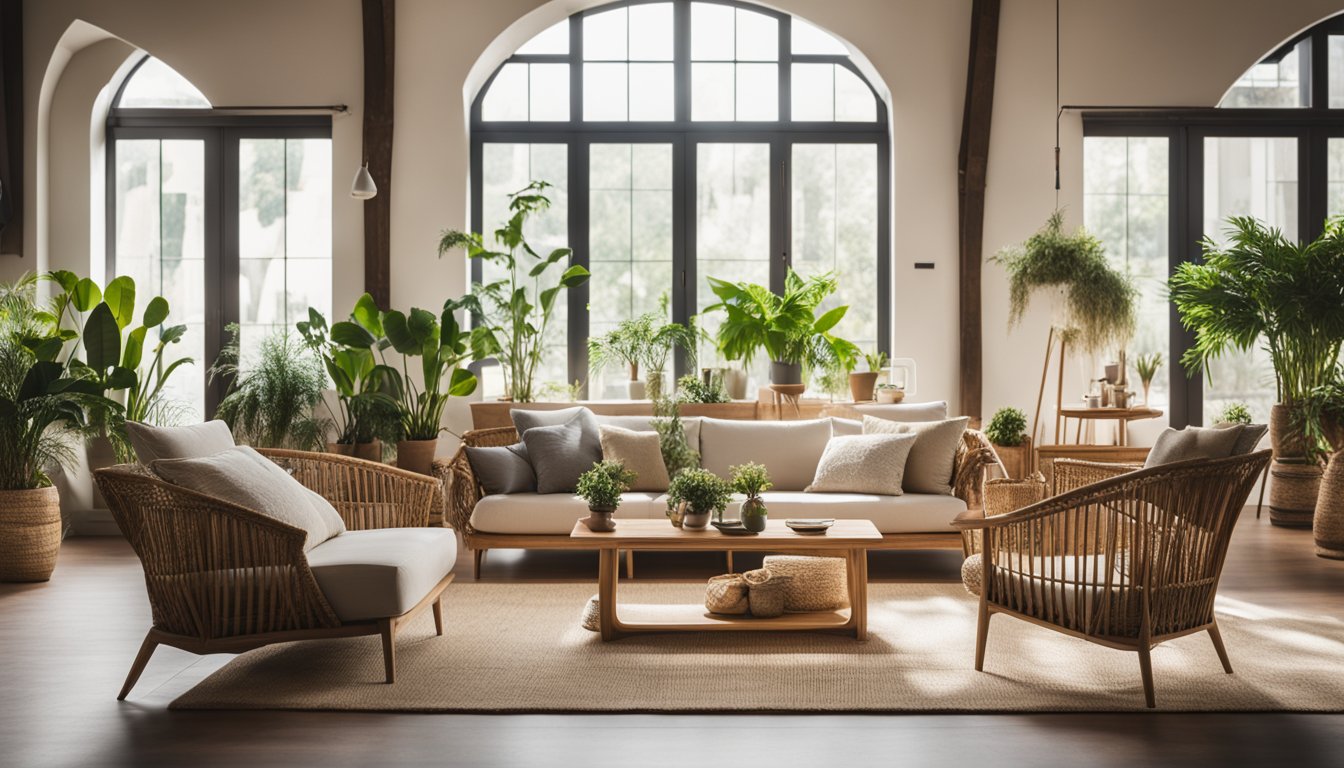 A cozy living room with sustainable furniture, potted plants, and natural materials like bamboo and jute. Large windows let in plenty of natural light