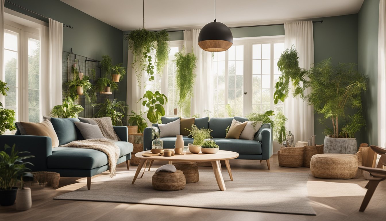 A cozy living room with sustainable furniture and decor made from recycled materials. Plants and natural light add to the eco-friendly atmosphere