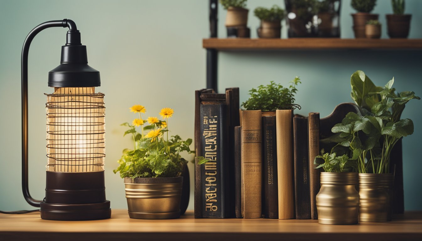 Various household items transformed into new creations: a lamp made from old jars, a bookshelf crafted from wooden crates, and a garden planter made from a repurposed tire