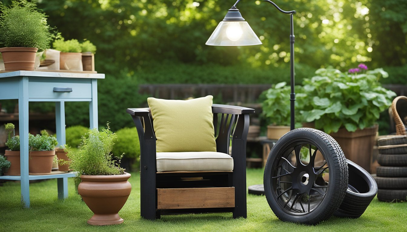 A collection of old household items transformed into new and creative uses, such as a chair made from old crates, a lamp made from a teapot, and a garden planter made from an old tire