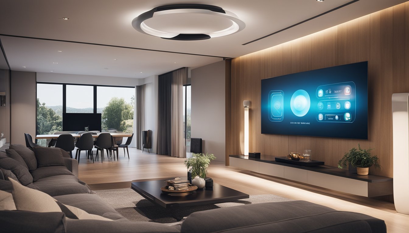 A modern living room with smart home devices seamlessly integrated into the decor, showcasing cost-effective upgrades such as energy-efficient lighting and automated temperature control