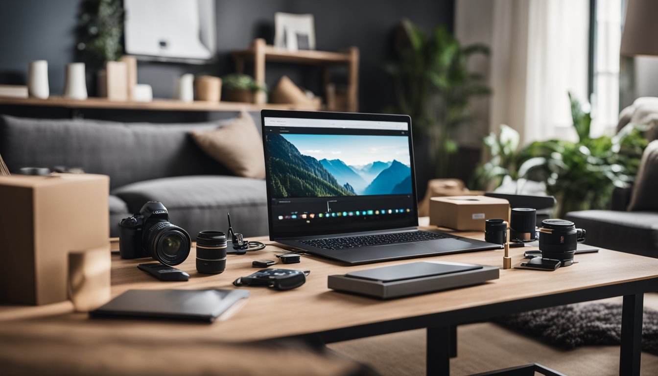 A cozy living room with DIY home upgrade tools and materials neatly arranged on a table, alongside a laptop displaying cost-effective tips