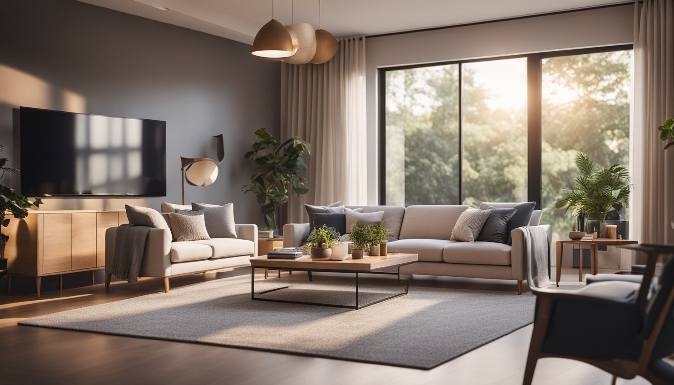 A cozy living room with smart lighting adjusting to different settings throughout the day, from bright and energizing in the morning to warm and relaxing in the evening