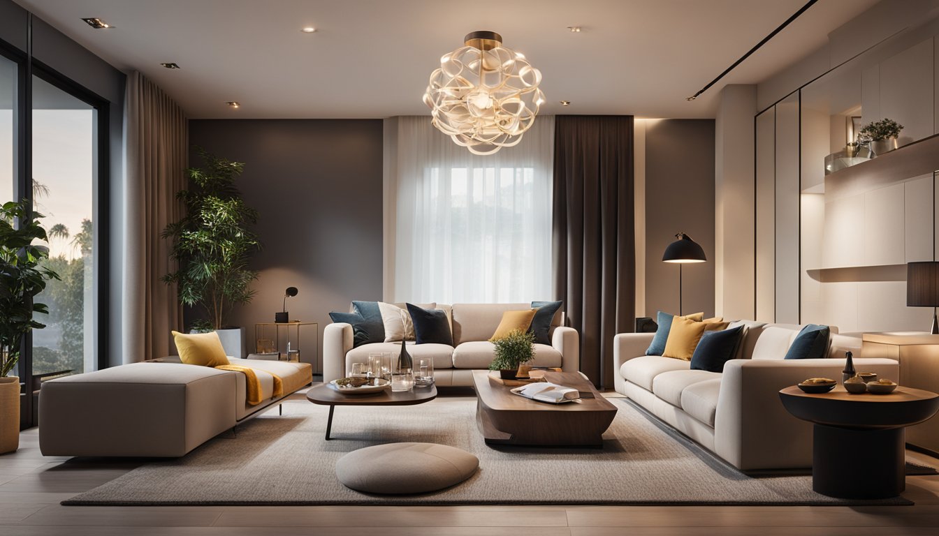 A modern living room with smart lighting features, casting a warm and inviting glow. Smart bulbs and fixtures are seamlessly integrated into the space, creating a comfortable and energy-efficient environment