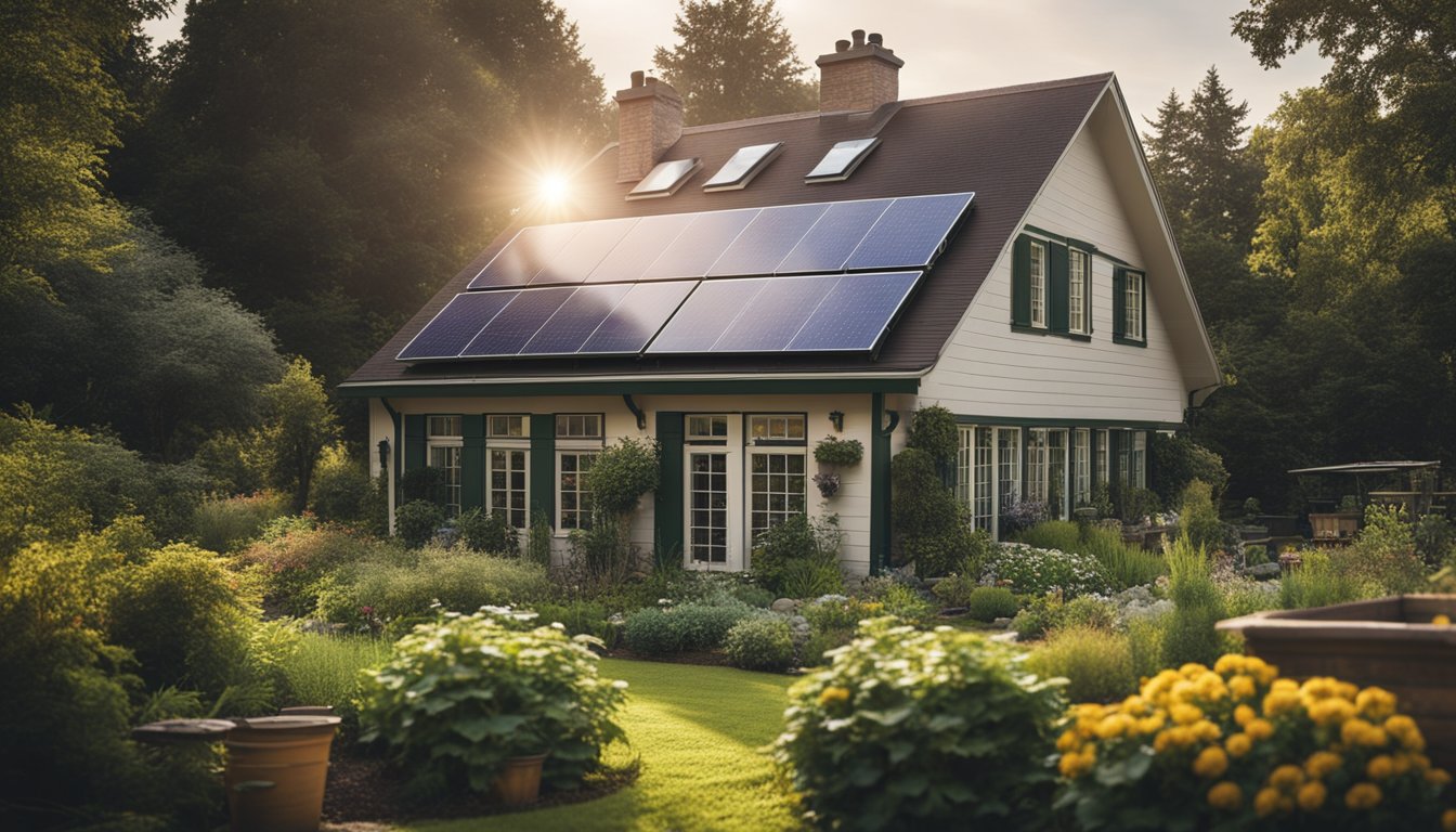 A historic home with solar panels, energy-efficient windows, and insulation, surrounded by a lush garden with a compost bin and rainwater harvesting system